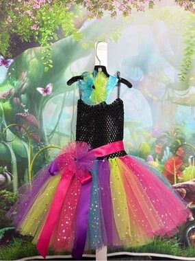 Handmade Black Sequin Top Rainbow Tulle Girls'  Dress with Hot Pink Sash